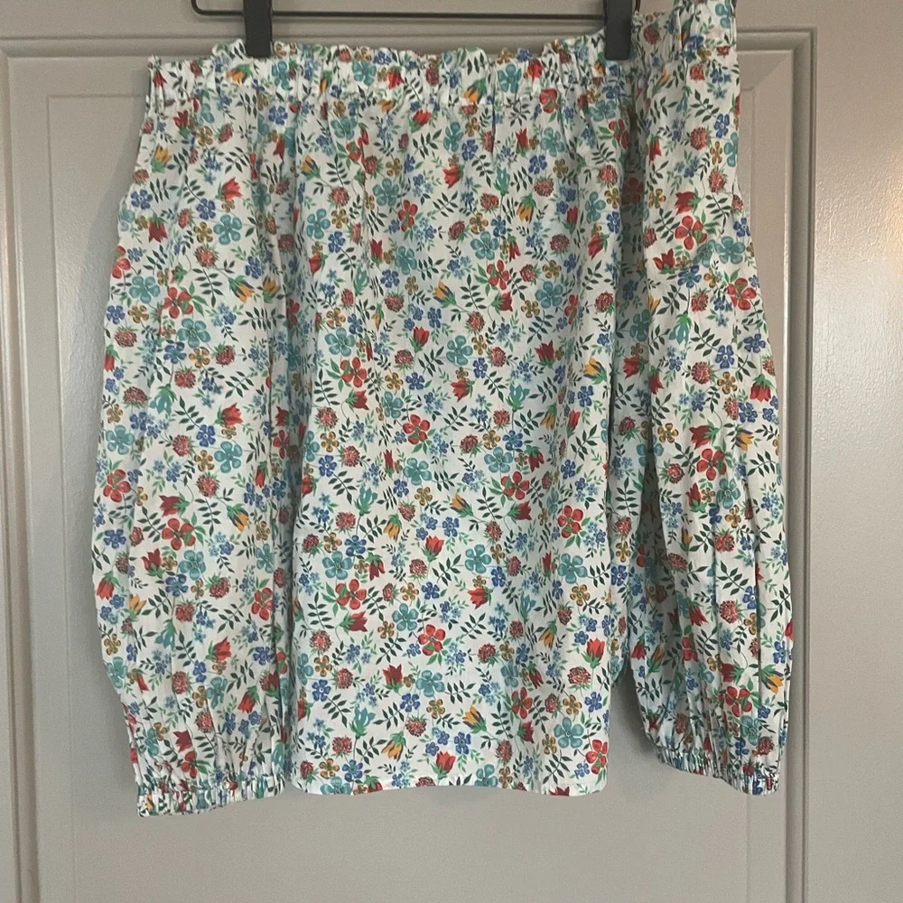 J. Crew Off-Shoulder Floral Blouse in Light Blue with Multi-Color Print